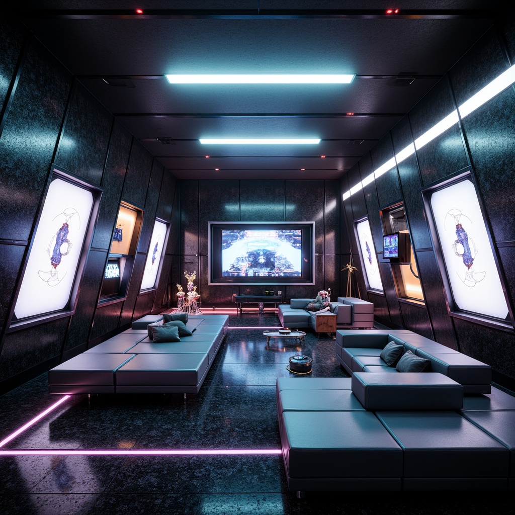 Prompt: Futuristic interior, metallic surfaces, neon-lit accents, iridescent glass panels, holographic displays, sleek carbon fiber furniture, high-gloss finishes, LED lighting strips, translucent acrylic walls, minimalist decor, avant-garde sculptures, futuristic gadgets, virtual reality interfaces, cyberpunk-inspired color schemes, dark ambient lighting, shallow depth of field, 1/1 composition, cinematic camera angles, realistic reflections, advanced material textures.