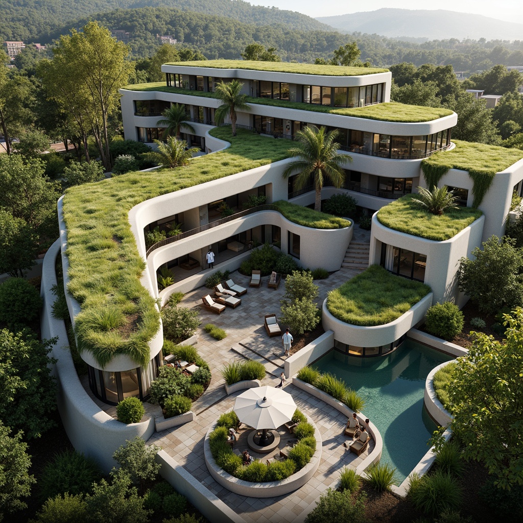 Prompt: Harmonious building integration, lush green roofs, verdant walls, natural stone facades, curved lines, organic shapes, seamless transitions, outdoor living spaces, infinity pools, water features, walking trails, native plant species, bird's eye view, 1/1 composition, soft warm lighting, shallow depth of field, realistic textures, ambient occlusion.