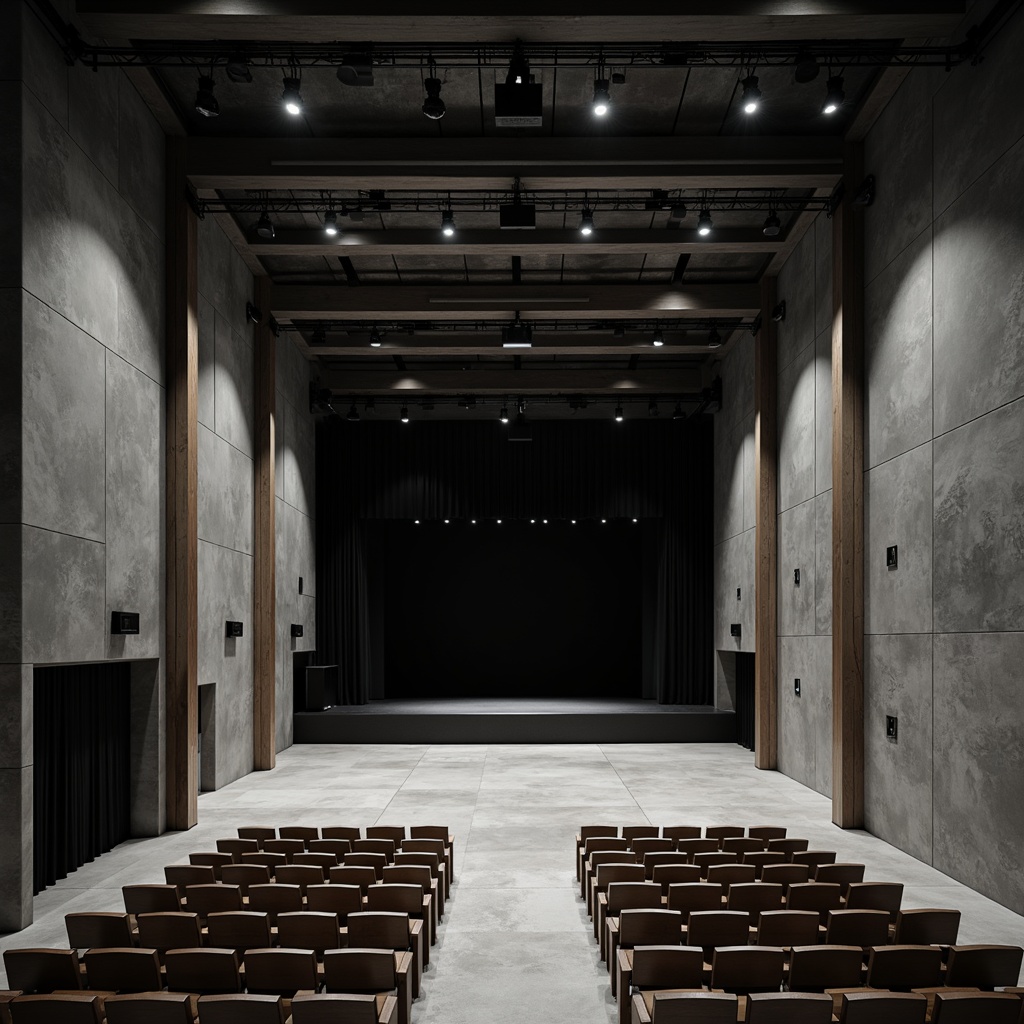 Prompt: Minimalist theater interior, concrete floors, industrial metal beams, exposed ductwork, simple wooden seats, sleek black stage, subtle LED lighting, sparse audience seating, open backstage area, natural stone walls, polished steel railings, monochromatic color scheme, dramatic spotlights, 1/1 composition, high-contrast shadows, realistic textures, ambient occlusion.