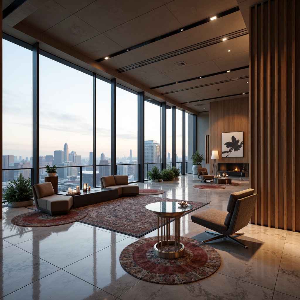 Prompt: Luxurious penthouse, sleek modern architecture, polished marble floors, rich wood paneling, metallic accents, floor-to-ceiling windows, panoramic city views, lavish furnishings, plush carpets, velvet upholstery, intricate stone carvings, geometric patterned rugs, ambient lighting, warm color palette, shallow depth of field, 1/1 composition, realistic textures, detailed normal maps.