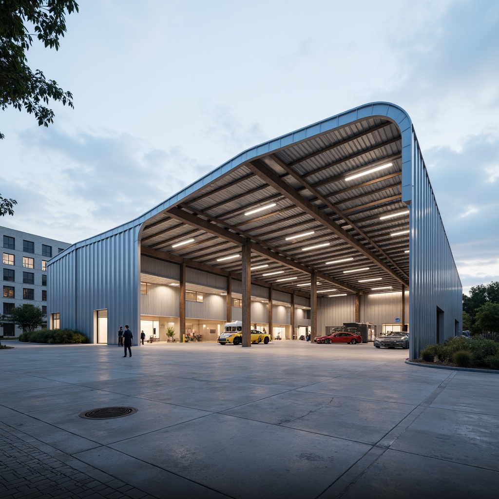 Prompt: Sleek warehouse, modern industrial design, streamlined roof profile, curved metal sheets, silver-gray color scheme, minimalist aesthetic, functional simplicity, high ceilings, exposed ductwork, polished concrete floors, steel beams, industrial lighting fixtures, overhead cranes, storage racks, loading docks, urban landscape, cloudy sky, soft diffused light, shallow depth of field, 2/3 composition, realistic textures, ambient occlusion.