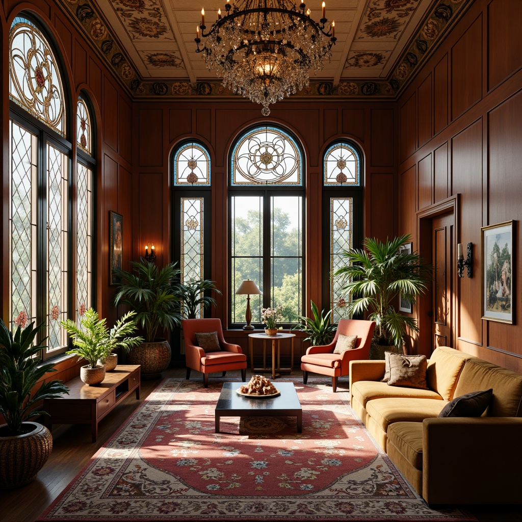 Prompt: Opulent Art Nouveau apartment, flowing organic lines, sinuous curves, ornate metalwork, stained glass windows, intricate wooden paneling, velvet upholstery, lavish furnishings, grand chandelier, soft warm lighting, rich textiles, floral patterns, natural materials, earthy color palette, high ceilings, spacious rooms, elegant archways, ornamental mirrors, luxurious carpets, vintage decorative accents, 3/4 composition, shallow depth of field, realistic textures, ambient occlusion.