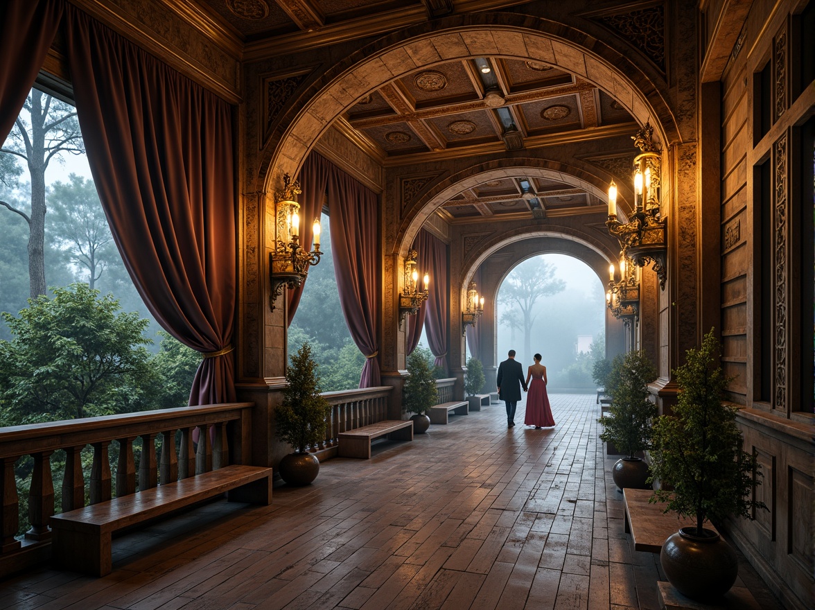 Prompt: Ornate Baroque bridge, rustic stone arches, intricately carved balustrades, polished bronze railings, ornamental lanterns, weathered copper roofing, distressed wooden decking, rich velvet draping, gilded accents, lavish crystal chandeliers, soft warm lighting, misty atmospheric effects, shallow depth of field, 1/2 composition, cinematic view, realistic textures, ambient occlusion.