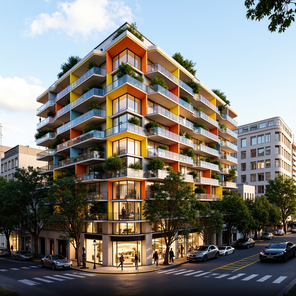 Prompt: Vibrant social housing complex, modern facade design, bold color schemes, geometric patterns, angular balconies, cantilevered roofs, sustainable materials, green walls, vertical gardens, urban landscape, bustling city streets, morning sunlight, soft warm lighting, shallow depth of field, 3/4 composition, panoramic view, realistic textures, ambient occlusion.