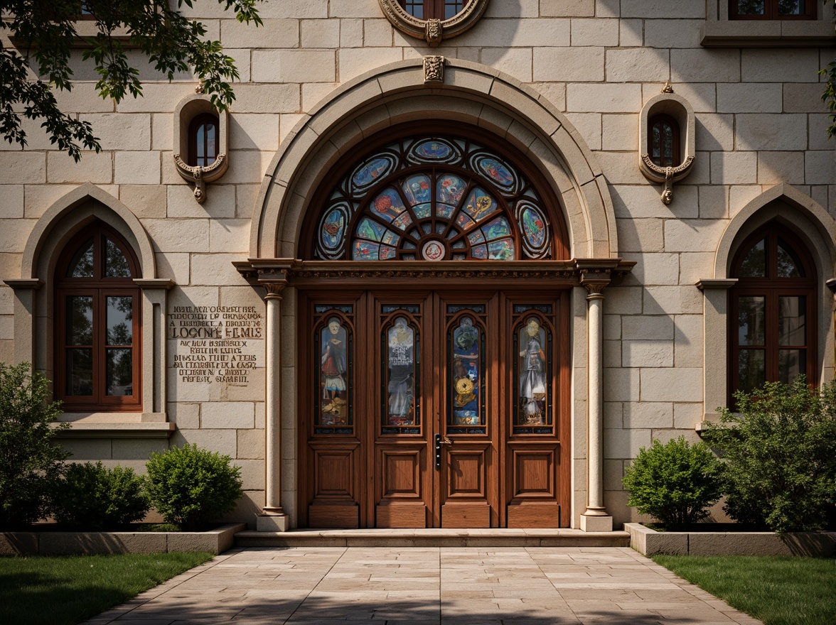 Prompt: Rustic monastery facade, distressed stone walls, ornate wooden doors, stained glass windows, intricate carvings, gothic arches, postmodernist twists, asymmetrical compositions, bold color contrasts, abstract murals, eclectic ornamentation, weathered copper accents, worn brick textures, mystical ambiance, soft warm lighting, shallow depth of field, 1/1 composition, realistic renderings, ambient occlusion.