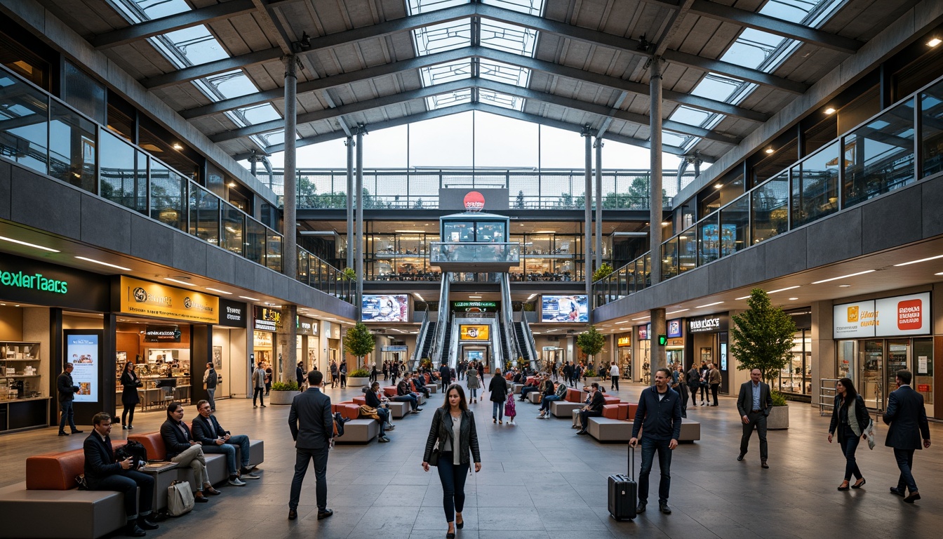 Prompt: Busy train station, modern architecture, sleek metal beams, large glass roofs, natural stone floors, vibrant signage, electronic displays, ticketing machines, waiting areas, comfortable seating, luggage racks, commercial shops, food courts, pedestrian walkways, elevated platforms, staircases, escalators, clear wayfinding signs, efficient crowd control, morning rush hour, soft warm lighting, shallow depth of field, 3/4 composition, panoramic view, realistic textures, ambient occlusion.