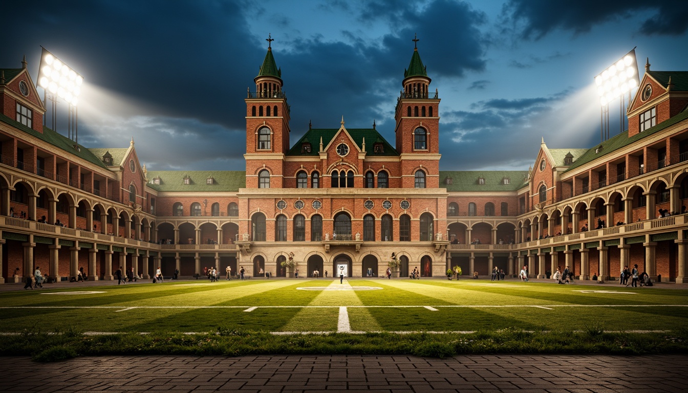 Prompt: Majestic football stadium, Romanesque style facades, ornate stone carvings, grand archways, rusticated columns, vibrant green roofs, intricate brick patterns, imposing clock towers, dramatic floodlighting, atmospheric mist effects, shallow depth of field, 1/2 composition, symmetrical architecture, warm golden lighting, realistic textures, ambient occlusion.