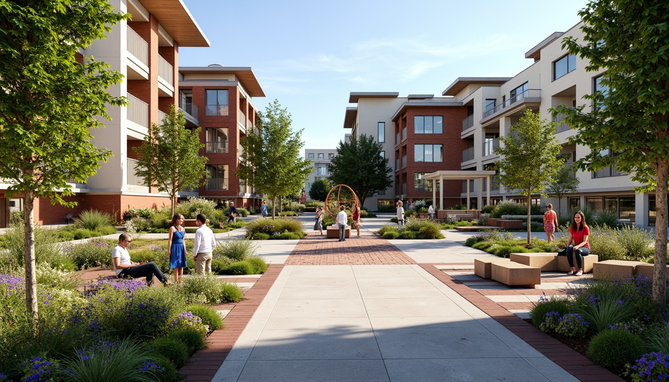 Prompt: Vibrant community center courtyard, lush greenery, blooming flowers, comfortable outdoor seating, wooden benches, shade structures, pergolas, walking paths, natural stone flooring, modern architecture, large windows, glass doors, sunny day, soft warm lighting, shallow depth of field, 3/4 composition, panoramic view, realistic textures, ambient occlusion, community gardens, public art installations, interactive play areas, outdoor fitness zones, picnic tables, BBQ stations, festive string lights, colorful outdoor rugs.