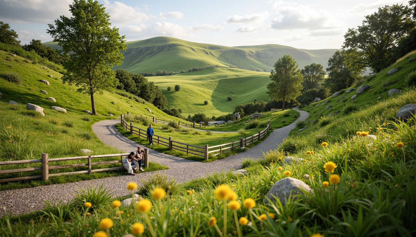 Prompt: Rolling hills, lush green grass, wildflowers, meandering pathways, rustic wooden fences, natural stone benches, serene atmosphere, warm sunlight, soft breeze, gentle slopes, native plant species, organic mulch, decorative boulders, meadow-inspired design, asymmetrical composition, shallow depth of field, 1/2 camera angle, realistic textures, ambient occlusion.