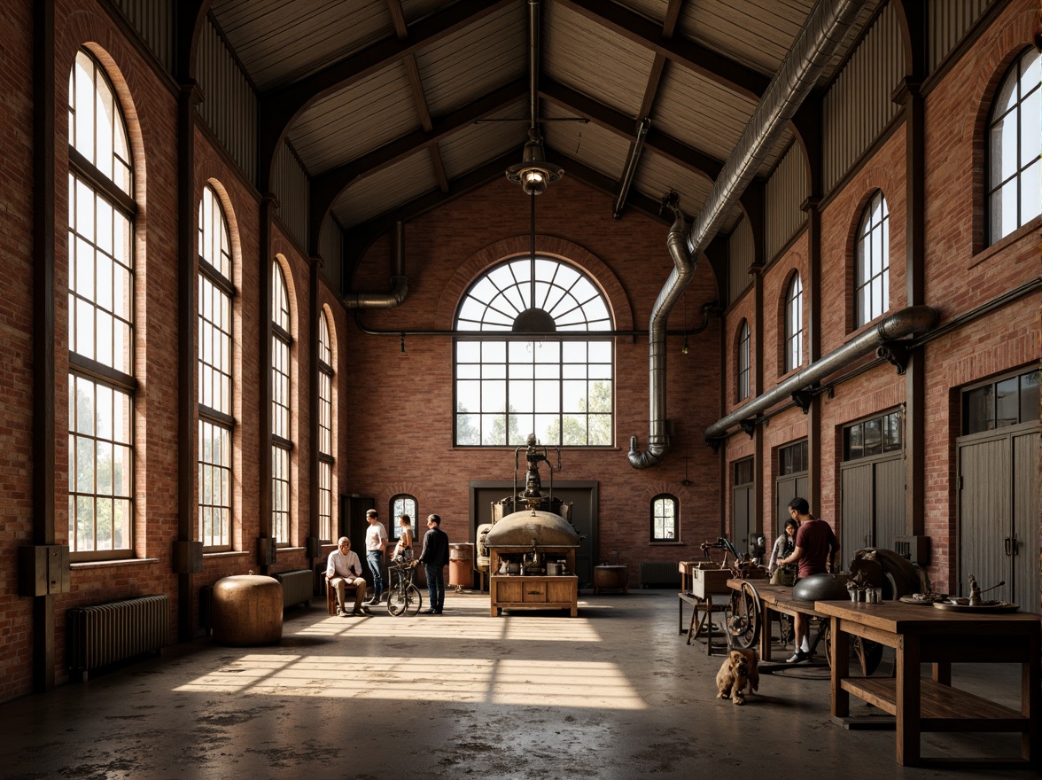 Prompt: Rustic industrial factory, Romanesque fa\u00e7ade, arched windows, ornate stone carvings, distressed brick walls, metal cladding, corrugated roofing, vintage machinery, exposed ductwork, reclaimed wood accents, earthy color palette, warm golden lighting, dramatic shadows, 1/2 composition, low-angle shot, realistic textures, ambient occlusion.