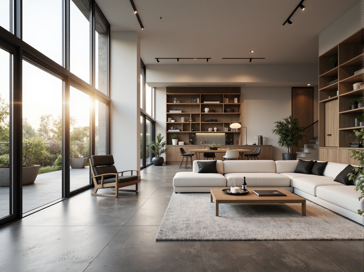 Prompt: Minimalist living room, sleek low-profile furniture, monochromatic color scheme, polished concrete floors, floor-to-ceiling windows, natural light pouring in, sparse decorative elements, geometric-shaped coffee table, Scandinavian-inspired wooden accents, hidden storage compartments, multi-functional spaces, compact kitchenette, induction cooktop, wall-mounted shelves, recessed lighting, soft warm glow, shallow depth of field, 1/1 composition, realistic textures, ambient occlusion.