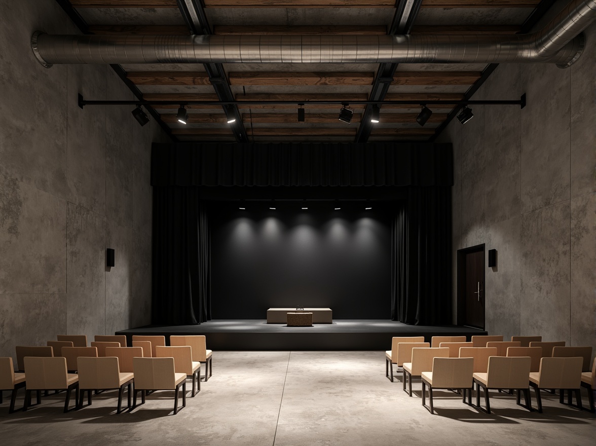 Prompt: Minimalist theater interior, concrete floors, industrial metal beams, exposed ductwork, simple wooden seats, sleek black stage, subtle LED lighting, neutral color palette, acoustic panels, sound-absorbing materials, minimalist decor, abstract artwork, modern architectural lines, functional simplicity, dramatic spotlights, high-contrast shadows, 1/1 composition, cinematic atmosphere, realistic textures, ambient occlusion.