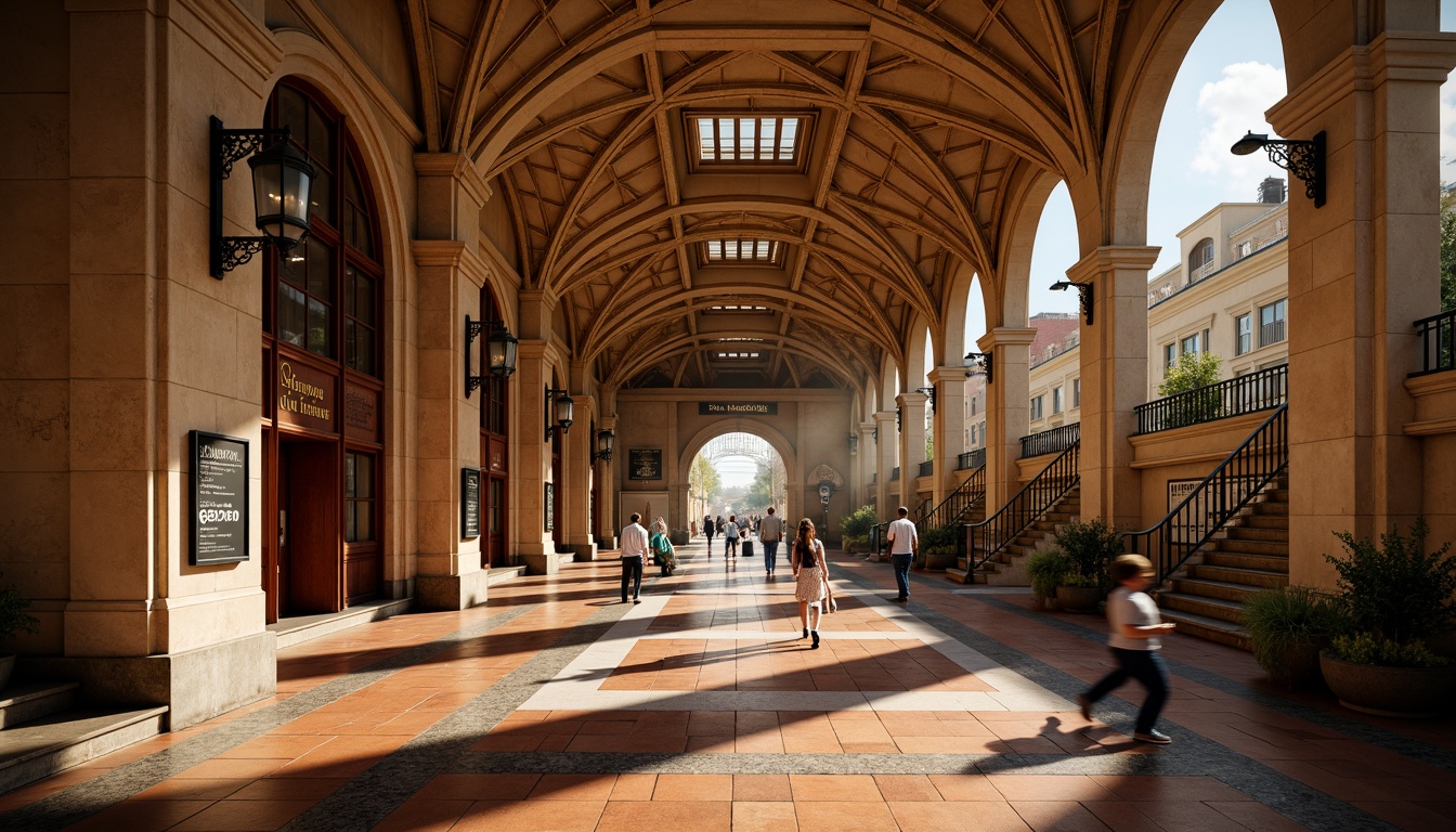 Prompt: Earth-toned metro station, Romanesque arches, ornate columns, warm beige walls, terracotta flooring, rustic stone textures, vintage metal lanterns, intricate mosaics, grand staircases, high ceilings, dramatic lighting, atmospheric shadows, rich wood accents, elegant typography, classic signage, urban cityscape, morning rush hour, soft natural light, shallow depth of field, 1/2 composition, realistic reflections.