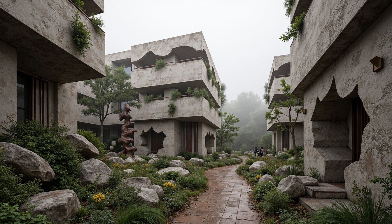 Prompt: Fragmented rocky formations, irregular stone walls, abstract sculptures, meandering pathways, overgrown vegetation, distressed metal accents, fractured concrete surfaces, dynamic angular lines, unconventional building forms, cantilevered structures, asymmetrical compositions, bold color contrasts, dramatic lighting effects, misty atmospheric conditions, shallow depth of field, 1/2 composition, wide-angle lens, high-contrast rendering, intricate texture details.