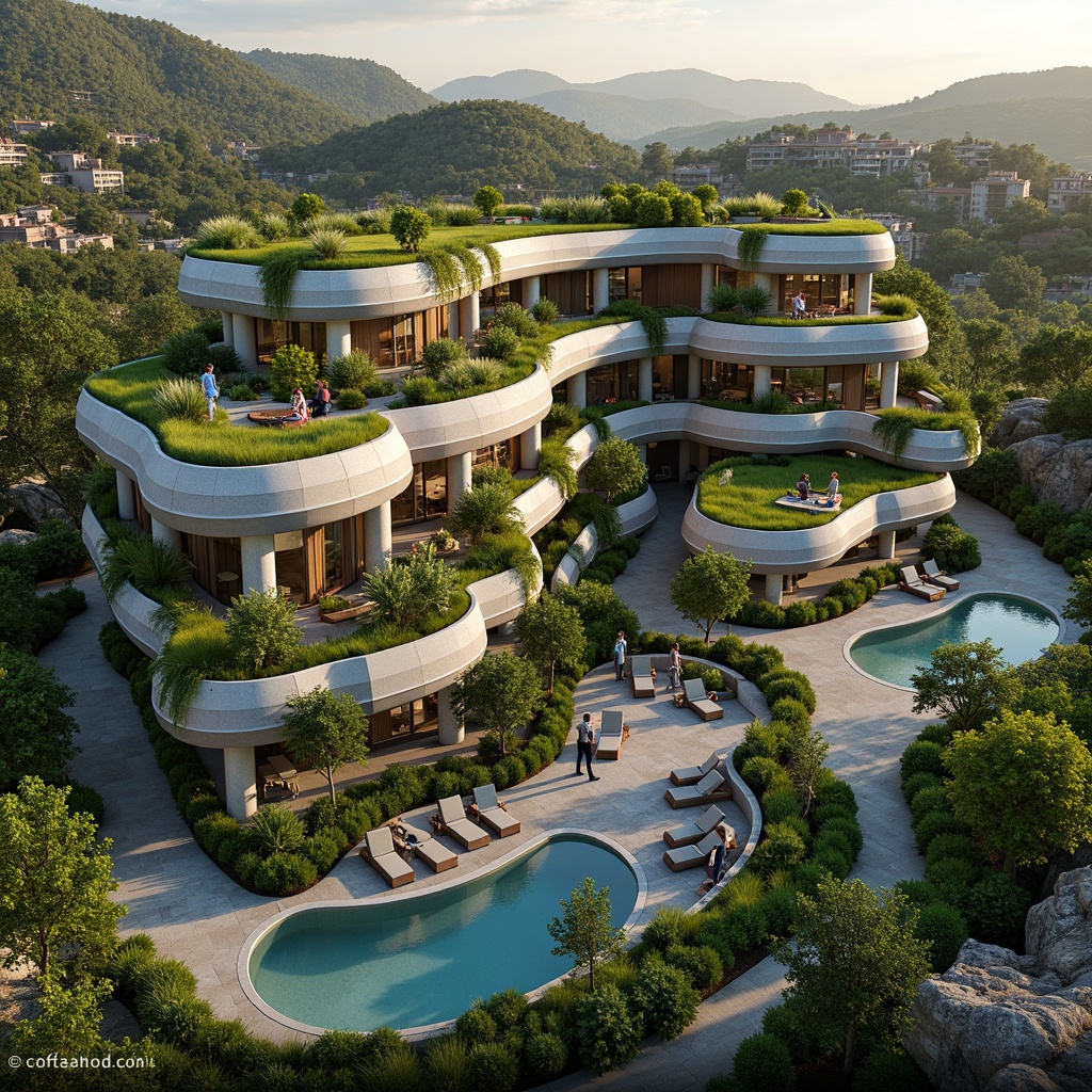 Prompt: Harmonious building integration, lush green roofs, verdant walls, natural stone facades, curved lines, organic shapes, seamless transitions, outdoor living spaces, infinity pools, water features, walking trails, native plant species, bird's eye view, 1/1 composition, soft warm lighting, shallow depth of field, realistic textures, ambient occlusion.