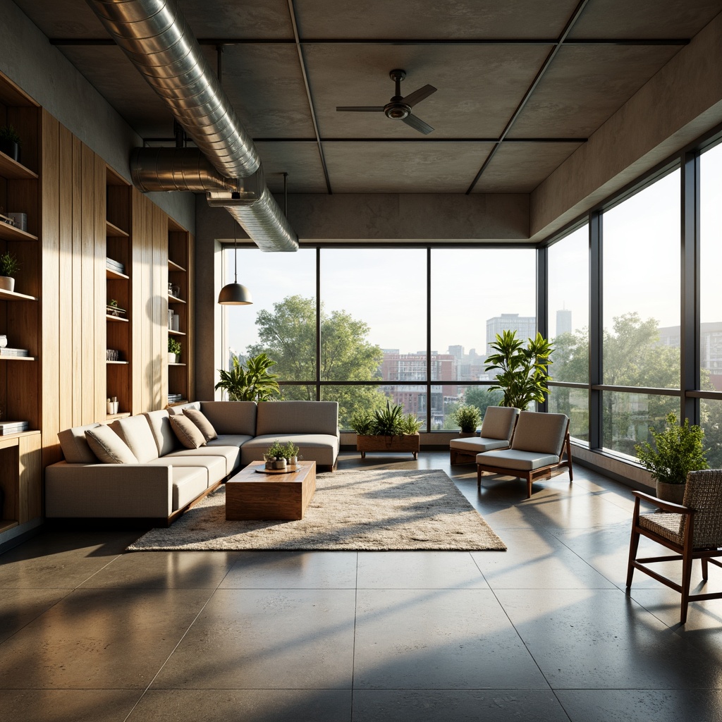 Prompt: Minimalist interior design, open floor plans, high ceilings, large windows, natural light, airy atmosphere, sleek modern furniture, polished concrete floors, industrial chic decor, urban loft style, exposed ductwork, reclaimed wood accents, green walls, living plants, spacious balconies, cityscape views, warm sunny days, soft diffused lighting, shallow depth of field, 3/4 composition, panoramic view, realistic textures, ambient occlusion.