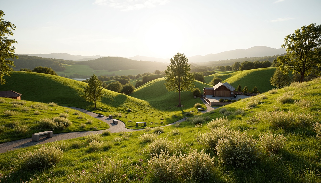 Prompt: Rolling hills, lush green grass, wildflowers, meandering pathways, rustic wooden fences, natural stone benches, serene atmosphere, warm sunlight, soft breeze, shallow depth of field, 3/4 composition, panoramic view, realistic textures, ambient occlusion, gentle slopes, scattered trees, native plant species, eco-friendly maintenance, sustainable irrigation systems, minimalist design, organic shapes, earthy color palette.