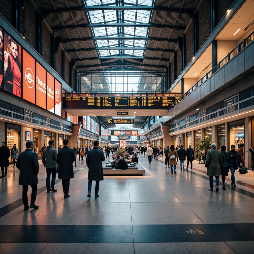 Prompt: Busy train station, modern architecture, grand entrance halls, high ceilings, natural light, sleek metal beams, polished marble floors, vibrant advertisements, electronic departure boards, comfortable waiting areas, convenient retail shops, spacious platforms, efficient signage systems, clear wayfinding, organized passenger flow, rush hour crowds, warm artificial lighting, shallow depth of field, 1/2 composition, realistic textures, ambient occlusion.