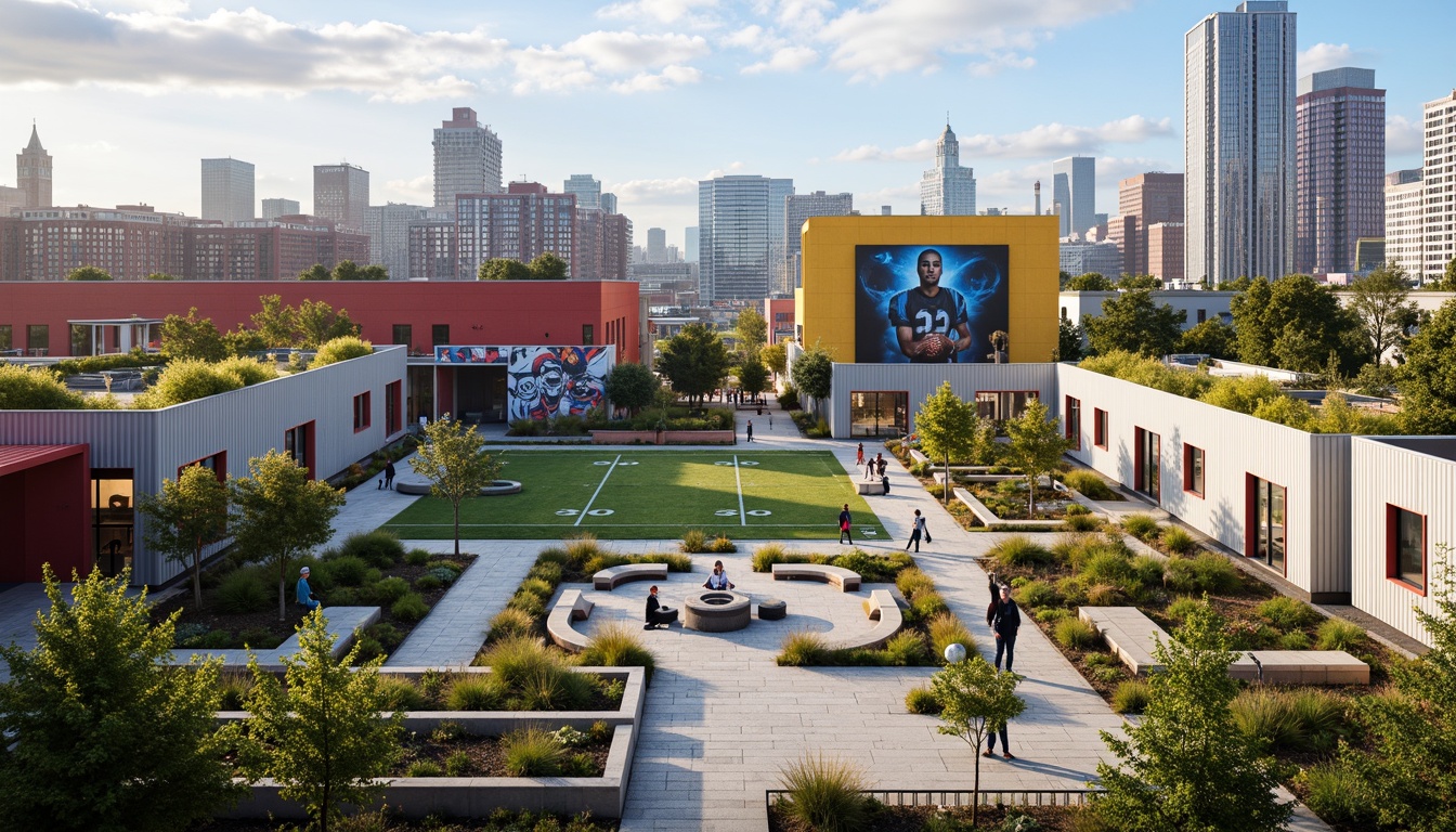 Prompt: Vibrant community courtyard, football stadium-inspired architecture, modern residential buildings, sleek metal facades, angular lines, bold color schemes, urban landscape, city skyline views, rooftop gardens, outdoor recreational spaces, sports-themed murals, communal seating areas, green roofs, eco-friendly materials, innovative ventilation systems, natural stone walkways, dynamic lighting effects, shallow depth of field, 3/4 composition, panoramic view, realistic textures, ambient occlusion.