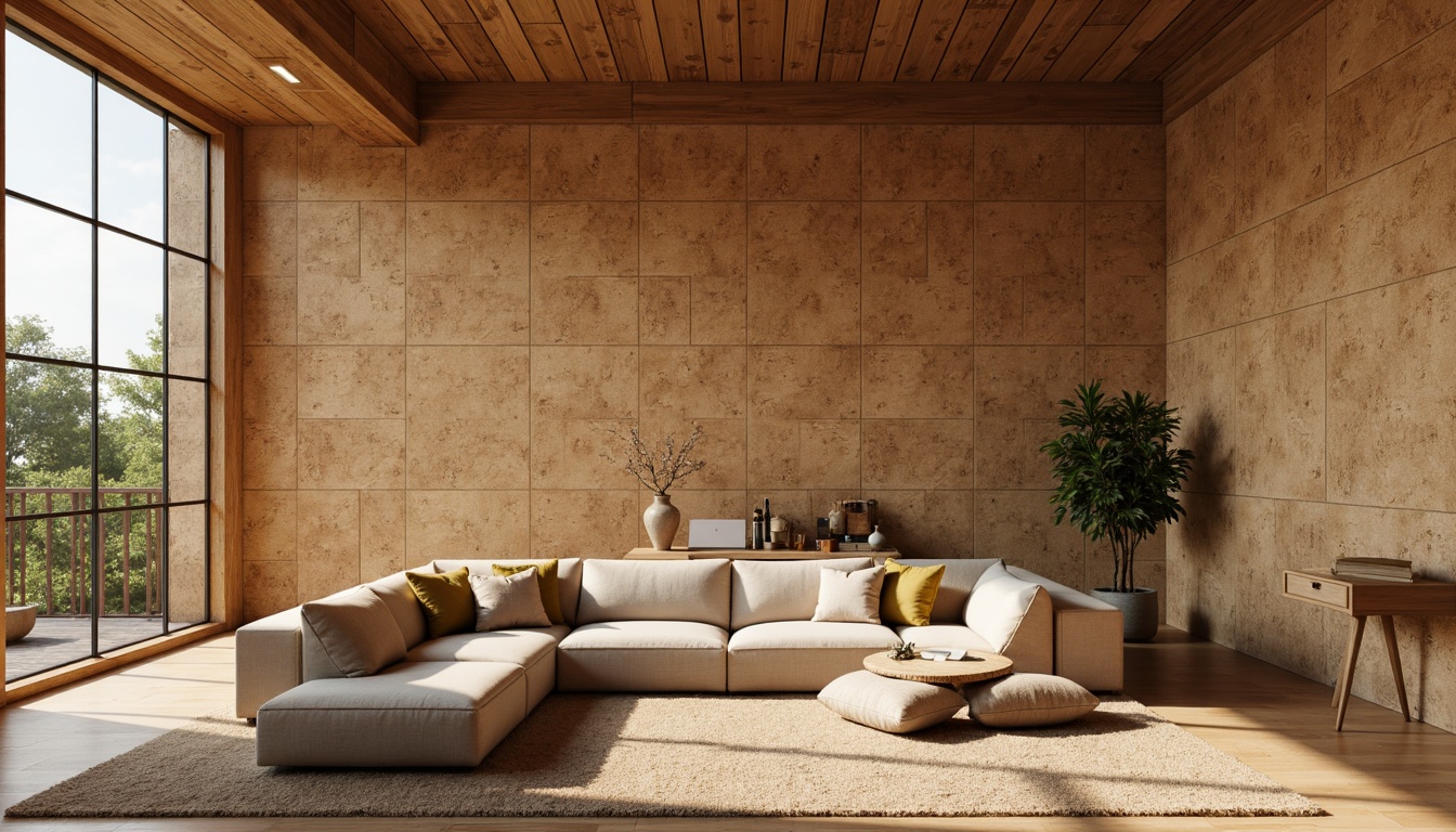 Prompt: Natural cork walls, earthy tones, organic textures, sustainable materials, eco-friendly design, warm ambient lighting, soft shadows, 3/4 composition, shallow depth of field, realistic renderings, subtle grain patterns, natural imperfections, rustic charm, cozy atmosphere, intimate spaces, minimalist decor, earthy color palette, nature-inspired accents.