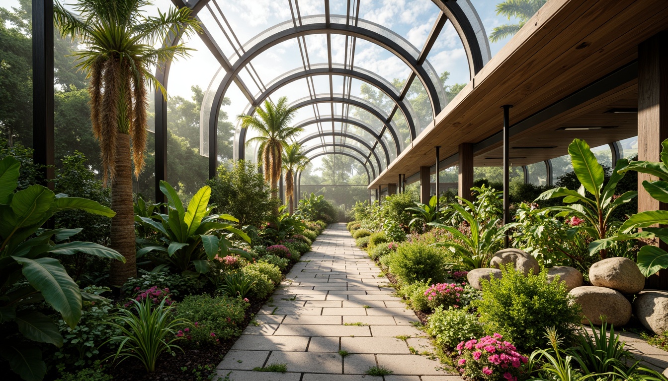 Prompt: Lush tropical plants, exotic flowers, natural stone pathways, wooden trellises, curved glass roofs, steel frames, modern minimalist architecture, abundant sunlight, soft warm illumination, shallow depth of field, 1/1 composition, realistic textures, ambient occlusion, misty atmosphere, dew droplets on leaves, vibrant green hues, earthy tones, organic shapes, sustainable materials, eco-friendly systems, innovative ventilation technologies, shaded outdoor spaces.