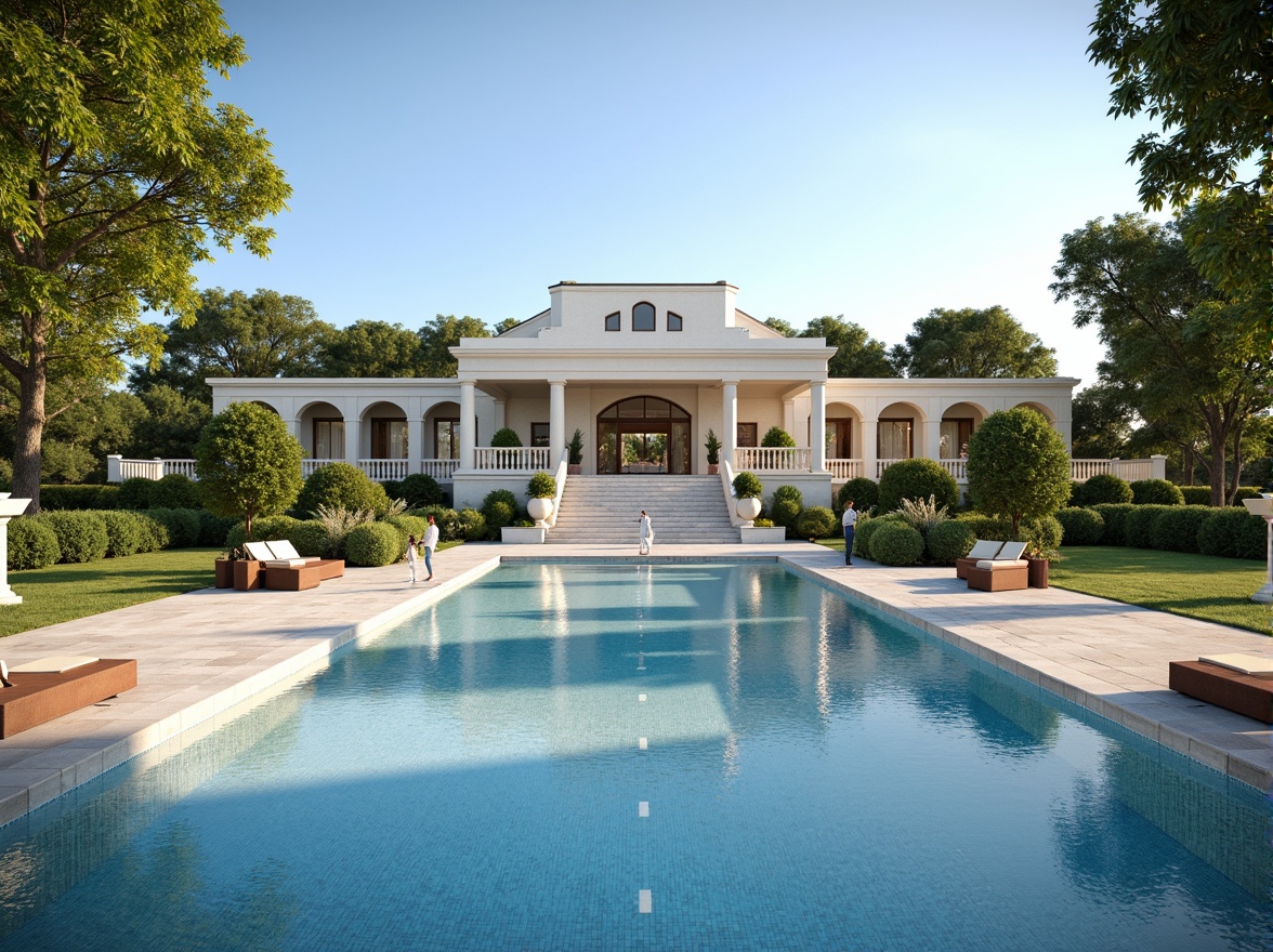 Prompt: Elegant neoclassical swimming pool, symmetrical layout, ornate fountains, grand staircases, limestone coping, travertine decking, manicured lawns, topiary trees, classical statues, urns, balustrades, curved benches, soft warm lighting, shallow depth of field, 1/1 composition, realistic textures, ambient occlusion, serene atmosphere, sunny day, clear blue sky.