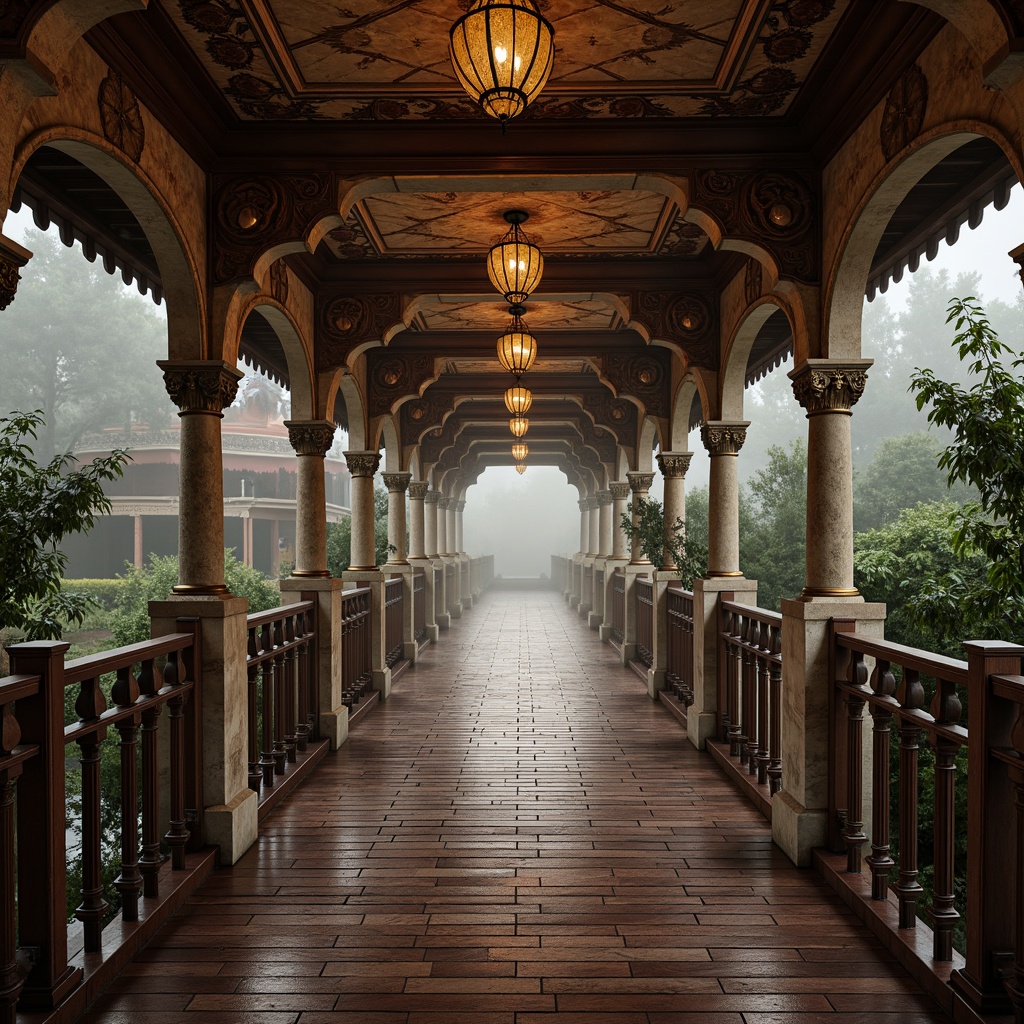 Prompt: Ornate Baroque bridge, rustic stone arches, intricately carved balustrades, polished bronze railings, ornamental lanterns, weathered copper roofing, distressed wooden decking, rich velvet draping, gilded accents, lavish crystal chandeliers, soft warm lighting, misty atmospheric effects, shallow depth of field, 1/2 composition, cinematic view, realistic textures, ambient occlusion.