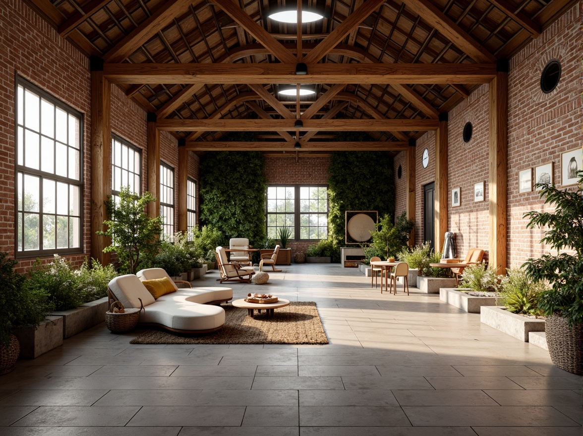 Prompt: Exposed brick walls, reclaimed wood accents, industrial metal beams, organic curved lines, earthy color palette, natural stone flooring, lush greenery, living walls, modern minimalist decor, cozy reading nooks, floor-to-ceiling windows, soft warm lighting, shallow depth of field, 3/4 composition, panoramic view, realistic textures, ambient occlusion.