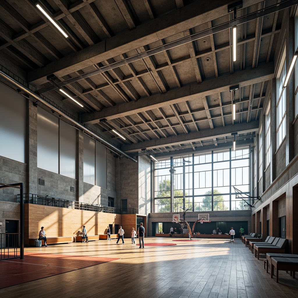 Prompt: Modern gymnasium interior, textured concrete walls, wooden flooring, metallic equipment, athletic tracks, basketball hoops, sports nets, spectator seating, natural light pouring in, large windows, industrial-style lighting, shallow depth of field, 1/1 composition, realistic textures, ambient occlusion, vibrant color accents, dynamic shadows, high-contrast lighting, dramatic atmosphere.