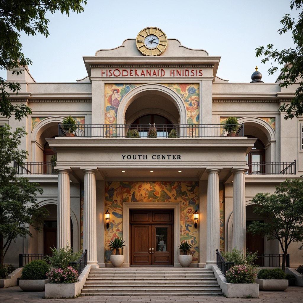 Prompt: Grandiose youth center facade, neoclassical architecture, ornate columns, symmetrical composition, grand entrance, sweeping staircases, elegant balconies, intricate moldings, decorative cornices, rusticated bases, limestone walls, marble accents, bronze door handles, stately clock towers, vibrant frescoes, ornamental pediments, classical proportions, harmonious color palette, soft warm lighting, shallow depth of field, 2/3 composition, realistic textures, ambient occlusion.