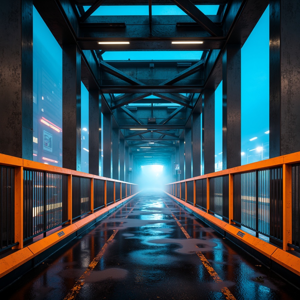 Prompt: Modern urban bridge, sleek metal structure, bold industrial colors, dark grey steel beams, bright orange accents, vibrant yellow safety rails, cool blue LED lighting, misty atmospheric effects, shallow depth of field, 1/1 composition, realistic metallic textures, ambient occlusion.