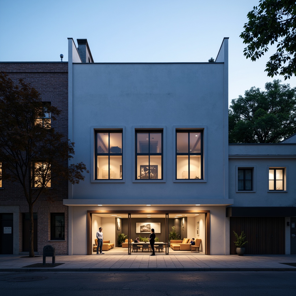 Prompt: Simple theater facade, minimalist architecture, clean lines, monochromatic color scheme, rectangular shapes, flat roofs, large glass windows, sliding doors, industrial materials, exposed concrete walls, subtle lighting, dramatic shadows, urban cityscape, evening atmosphere, soft box lights, 1/1 composition, realistic textures, ambient occlusion.