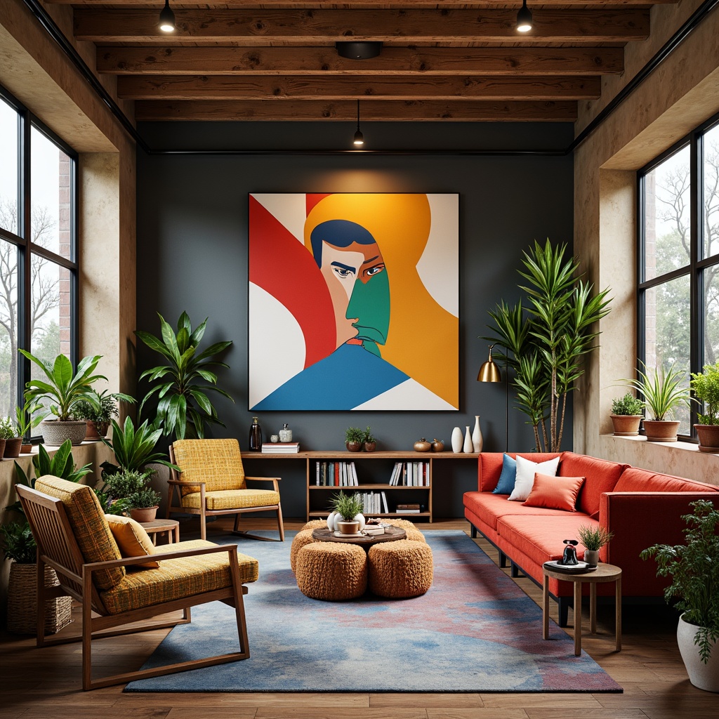 Prompt: Vibrant art studio, eclectic furniture, abstract artwork, bold color blocking, contrasting textures, rich wood accents, industrial metal frames, modern minimalist decor, natural light pouring in, soft warm glow, 3/4 composition, shallow depth of field, realistic renderings, ambient occlusion.