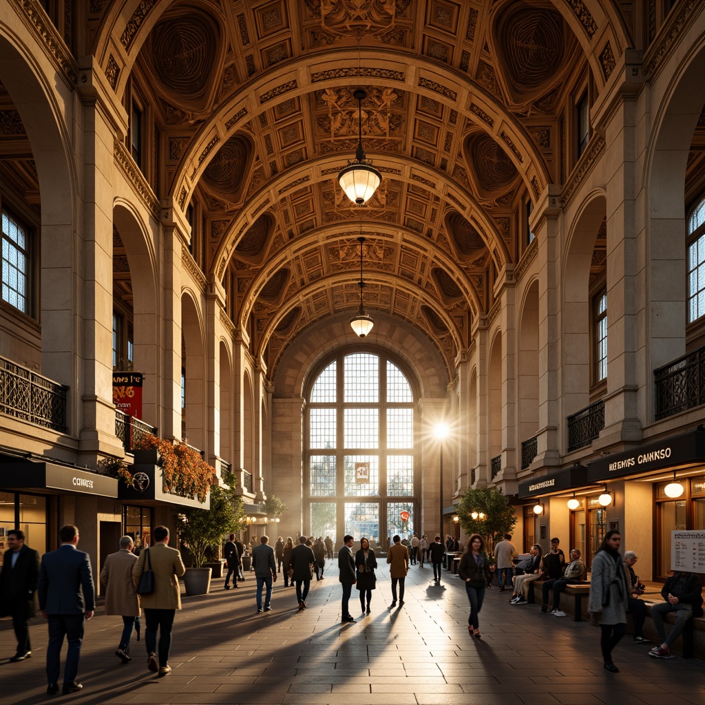 Prompt: Grand archways, ornate columns, vaulted ceilings, intricate stone carvings, warm golden lighting, bustling metro station, Romanesque style architecture, historic ambiance, detailed moldings, rustic brick walls, grand staircases, elegant chandeliers, vibrant urban atmosphere, morning rush hour, shallow depth of field, 1/2 composition, realistic textures, ambient occlusion.