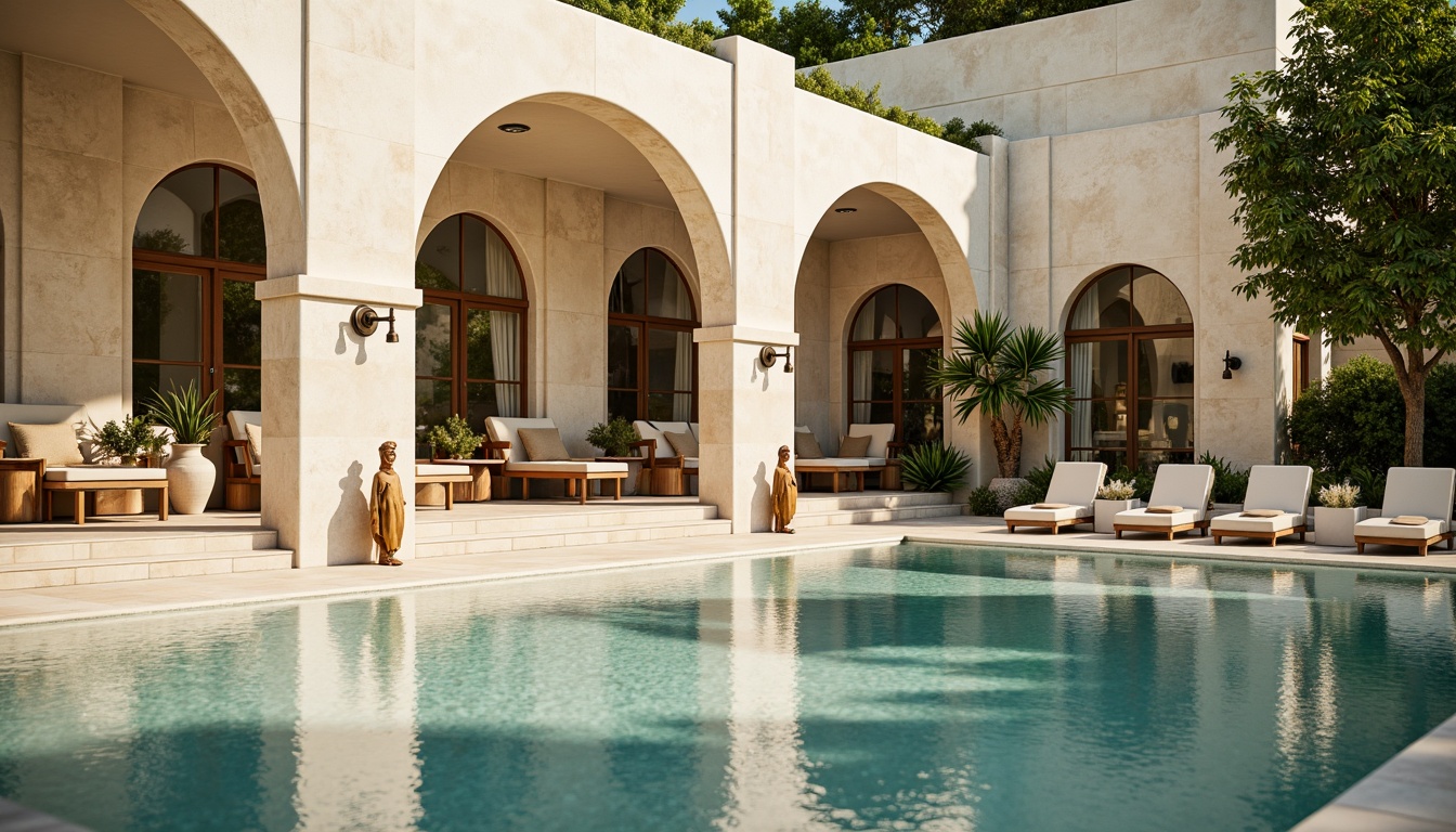 Prompt: Elegant neoclassical swimming pool, soft cream marble, warm beige stone, ornate bronze fixtures, subtle turquoise water, lush greenery surroundings, majestic columns, grand archways, refined stucco walls, ornamental fountains, tranquil ambiance, warm golden lighting, shallow depth of field, 1/2 composition, symmetrical framing, realistic textures, ambient occlusion.