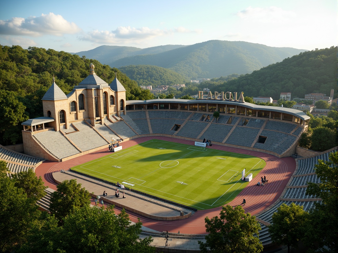 Prompt: Rustic football stadium, Romanesque architecture, stone walls, arched windows, green roofs, lush vegetation, rolling hills, natural scenery, serene atmosphere, warm sunny day, soft diffused lighting, shallow depth of field, 3/4 composition, panoramic view, realistic textures, ambient occlusion, tiered seating, grassy fields, athletic tracks, goalposts, scoreboard, floodlights, spectator stands, VIP lounges, concession booths, modern amenities.