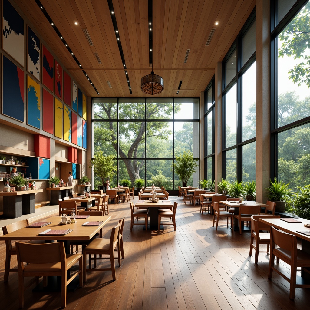 Prompt: Minimalist dining hall, open floor plan, high ceilings, large windows, natural light, sleek wooden floors, modern furniture, geometric patterns, abstract artwork, international style decor, cultural fusion elements, vibrant color accents, ambient lighting, shallow depth of field, 1/1 composition, panoramic view, realistic textures, soft warm glow.