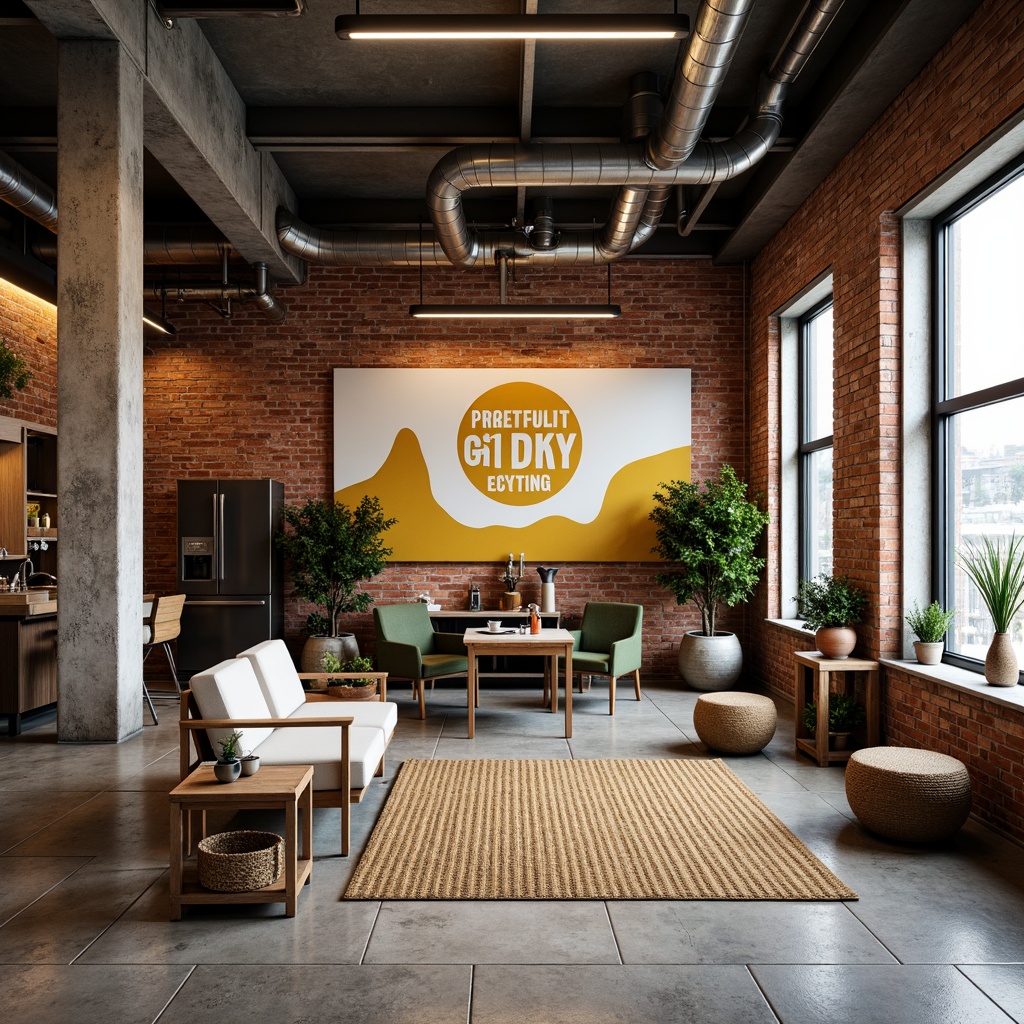 Prompt: Industrial background, exposed brick walls, raw concrete floors, metal beams, minimalist decor, functional furniture, primary color accents, geometric patterns, bold typography, natural textiles, woven baskets, handmade ceramics, distressed wood, vintage machinery, urban atmosphere, soft diffused lighting, shallow depth of field, 1/1 composition, realistic materials, ambient occlusion.