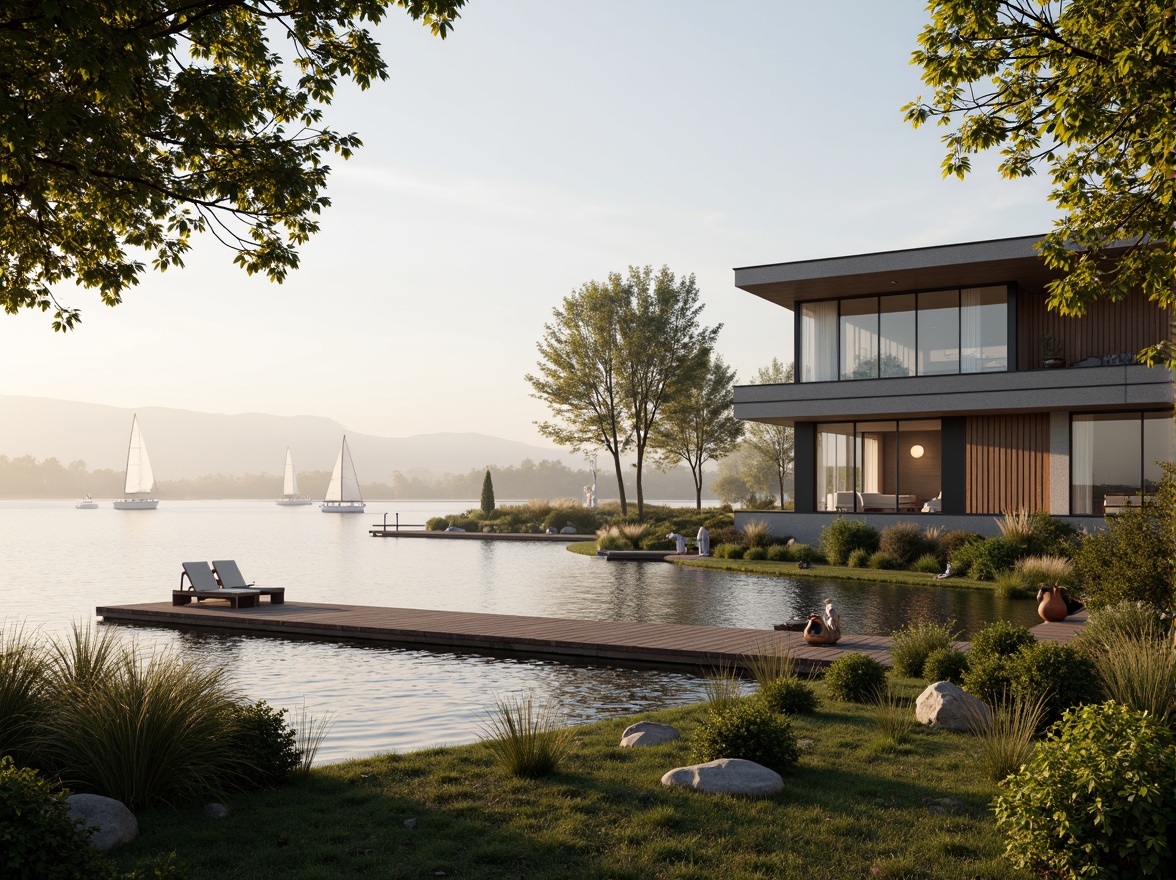 Prompt: Lakefront villa, serene water views, lush greenery, wooden docks, sailboats, calm lake surface, misty morning, warm sunlight, soft natural lighting, shallow depth of field, 1/2 composition, panoramic view, realistic reflections, ambient occlusion, modern minimalist design, large windows, sliding glass doors, natural stone walls, wooden accents, cozy interior spaces, comfortable outdoor seating areas.