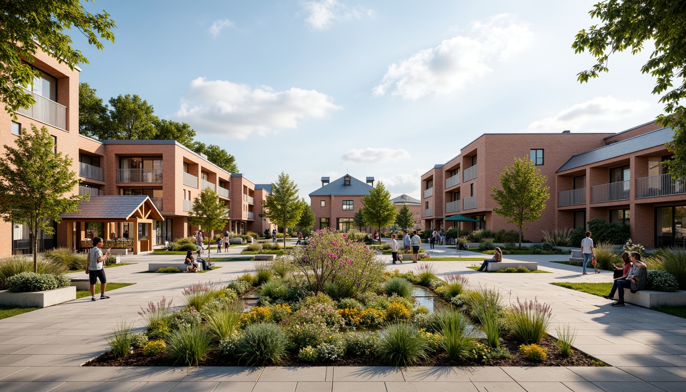 Prompt: Vibrant community center, modern social housing, green roofs, communal gardens, outdoor recreational spaces, playground equipment, seating areas, public art installations, natural stone walkways, brick buildings, large windows, glass doors, sunny day, soft warm lighting, shallow depth of field, 3/4 composition, panoramic view, realistic textures, ambient occlusion, inclusive design, accessible pathways, community kitchen, shared laundry facilities, co-working spaces, educational resources, health services, social programs, cultural events, diverse community, harmonious atmosphere.