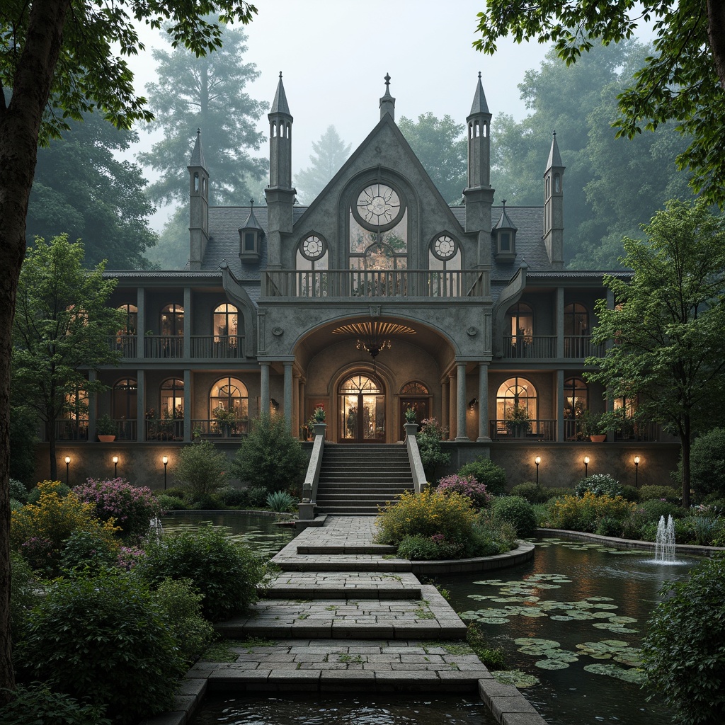 Prompt: Majestic villa, Gothic architectural style, grandiose entrance gates, ornate stone carvings, mystical forest surroundings, towering trees, misty atmosphere, soft warm lighting, shallow depth of field, 3/4 composition, panoramic view, realistic textures, ambient occlusion, lush greenery, vibrant flowers, winding stone pathways, rustic wooden bridges, serene water features, tranquil ponds, majestic fountains, intricate stonework, ornate metal railings, grand staircases, opulent furnishings, mysterious ambiance.