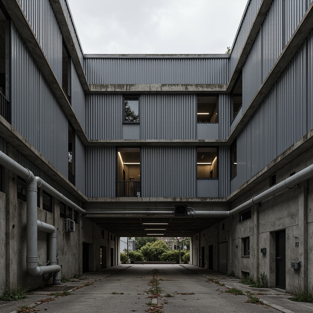 Prompt: Rugged industrial facade, exposed steel beams, raw concrete walls, corrugated metal cladding, functional pipes, minimalist windows, brutalist architecture, urban landscape, overcast sky, dramatic shadows, high-contrast lighting, 1/2 composition, symmetrical framing, gritty textures, ambient occlusion.