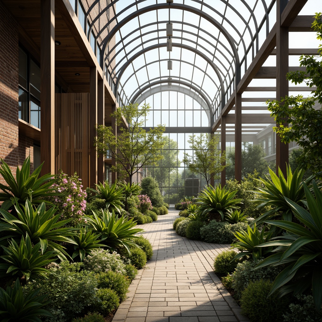 Prompt: Lush tropical plants, exotic flowers, natural stone pathways, wooden trellises, curved glass roofs, steel frames, modern minimalist architecture, abundant sunlight, soft warm illumination, shallow depth of field, 1/1 composition, realistic textures, ambient occlusion, misty atmosphere, dew droplets on leaves, vibrant green hues, earthy tones, organic shapes, sustainable materials, eco-friendly systems, innovative ventilation technologies, shaded outdoor spaces.