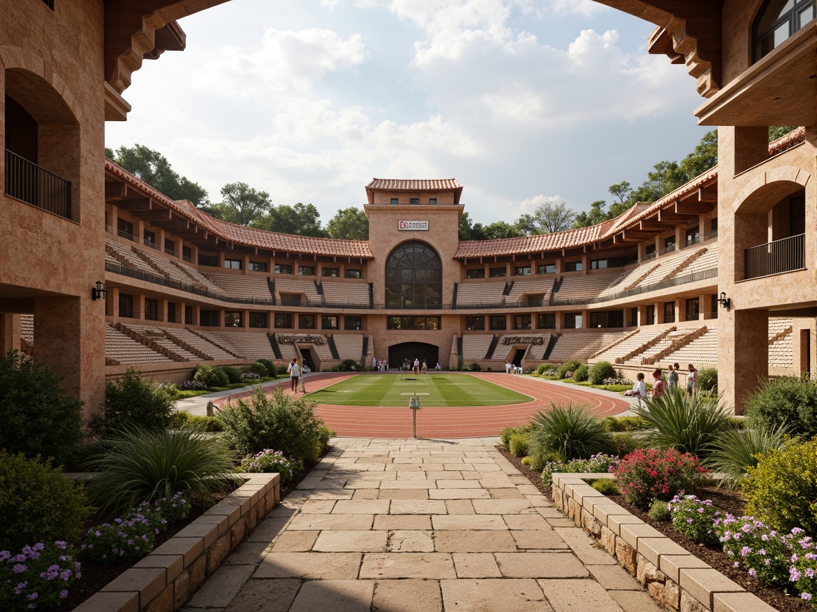 Prompt: Earth-toned football stadium, rustic stone fa\u00e7ade, terracotta roof tiles, arched windows, ornate carvings, grandiose entrance gates, lush greenery, vibrant flowers, natural stone walkways, warm beige seating areas, earthy brown athletic tracks, golden accents, soft warm lighting, shallow depth of field, 3/4 composition, panoramic view, realistic textures, ambient occlusion.