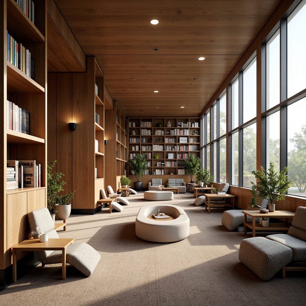 Prompt: Cozy reading nooks, comfortable seating areas, warm wooden shelves, soft carpeting, calming color schemes, natural light pouring in, floor-to-ceiling windows, minimalist decor, modern furniture designs, ergonomic chairs, ample table space, quiet atmosphere, peaceful ambiance, subtle scent of old books, warm lighting fixtures, 1/1 composition, shallow depth of field, realistic textures, ambient occlusion.