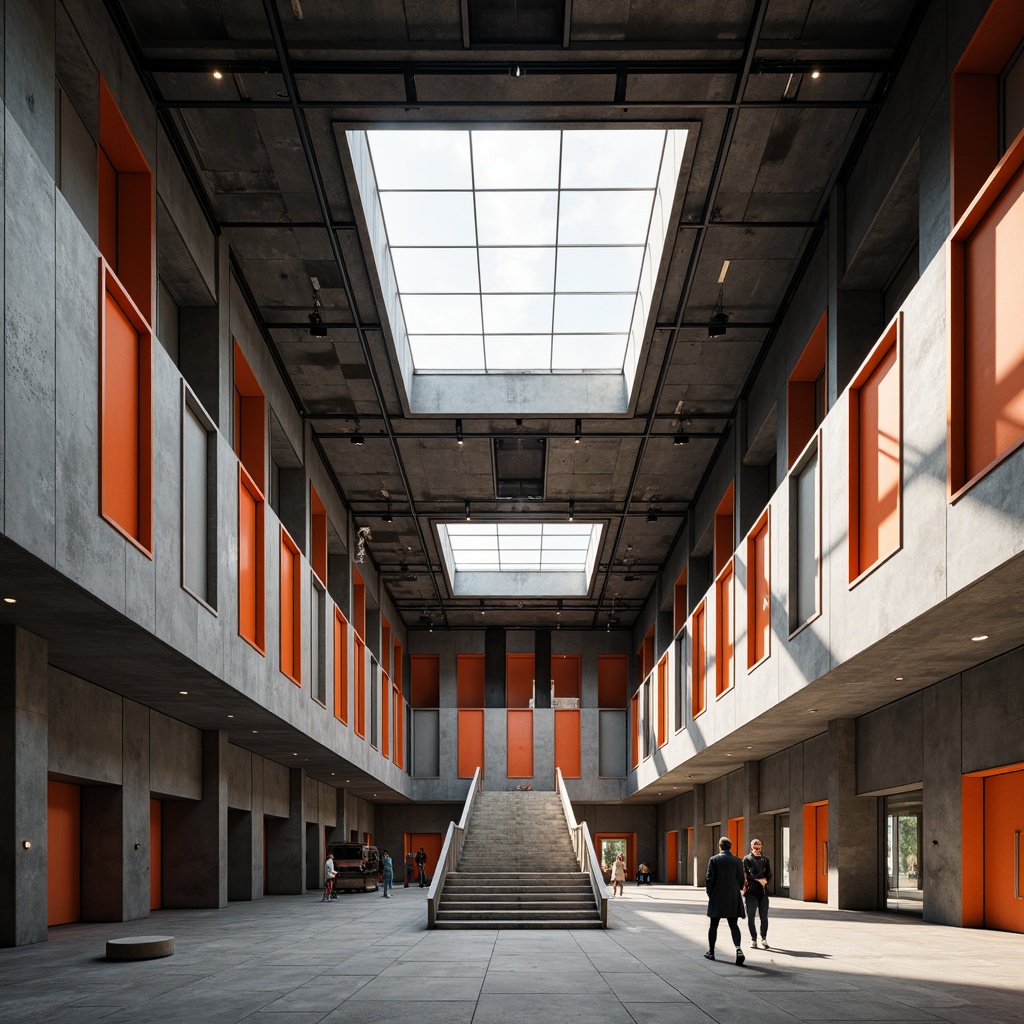 Prompt: Bauhaus-style auditorium, geometric shapes, industrial materials, exposed ductwork, concrete floors, steel beams, minimalist decor, functional lighting, rectangular windows, asymmetrical compositions, bold color accents, abstract patterns, brutalist architecture, modernist influences, clean lines, simplicity emphasis, natural light pouring in, high ceilings, open spaces, dynamic shadows, 1/1 composition, realistic textures, ambient occlusion.