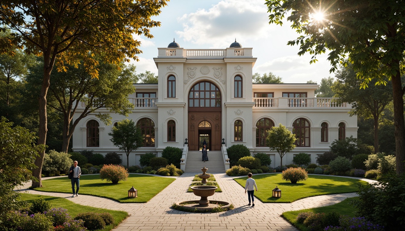 Prompt: Renaissance-style library, grand entrance, ornate stone carvings, symmetrical gardens, manicured lawns, walking paths, ornamental fountains, statues, lanterns, seasonal flower arrangements, lush greenery, vibrant blooming flowers, tranquil atmosphere, soft natural lighting, warm afternoon sun, 1/2 composition, shallow depth of field, realistic textures, ambient occlusion.