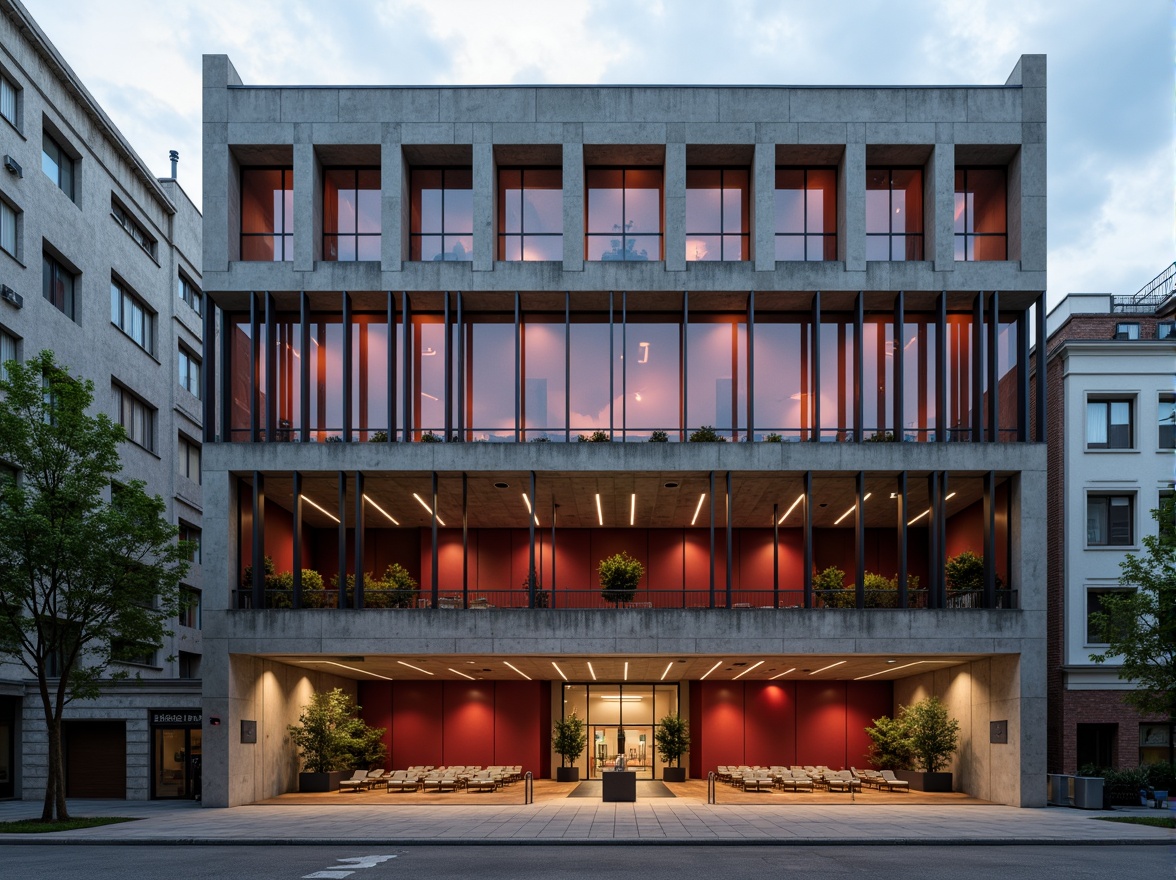 Prompt: Geometric auditorium facade, asymmetrical composition, rectangular windows, industrial metal frames, raw concrete walls, minimalist ornamentation, functionalist design, bold color accents, dramatic lighting effects, high ceilings, open floor plan, flexible seating arrangements, acoustic panels, wooden flooring, brutalist architecture, urban cityscape, cloudy day, softbox lighting, 1/2 composition, realistic materials, ambient occlusion.