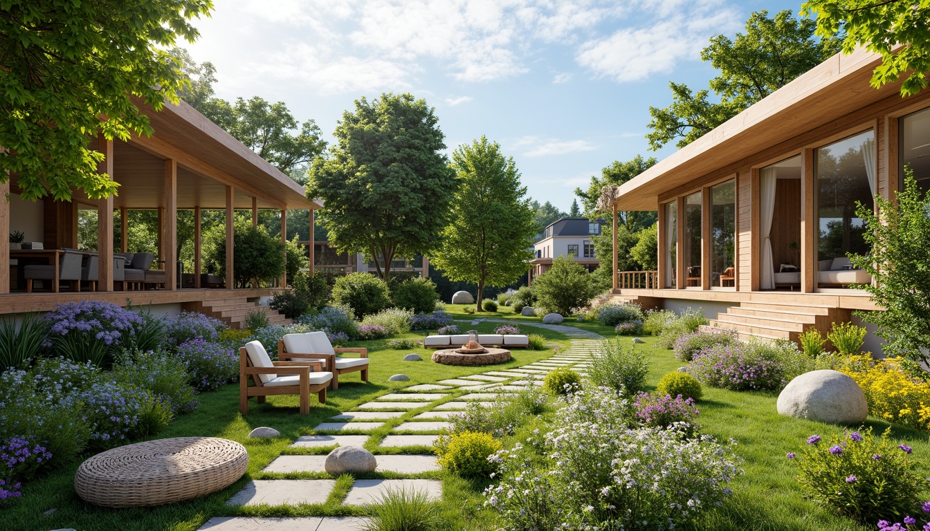 Prompt: Vibrant garden, lush greenery, blooming flowers, meandering pathways, wooden benches, natural stone walls, modern outdoor furniture, cantilevered roofs, floor-to-ceiling windows, sliding glass doors, warm sunny day, soft diffused lighting, shallow depth of field, 3/4 composition, panoramic view, realistic textures, ambient occlusion.