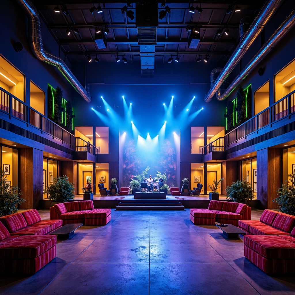 Prompt: Vibrant music venue, dynamic stage lighting, bold color scheme, electric blue accents, neon green highlights, warm golden tones, rich wood textures, luxurious velvet fabrics, metallic silver details, sleek glass surfaces, modern industrial architecture, exposed ductwork, polished concrete floors, intimate seating areas, dramatic ceiling heights, spotlights, fog machines, 3/4 composition, low-key lighting, moody atmosphere.